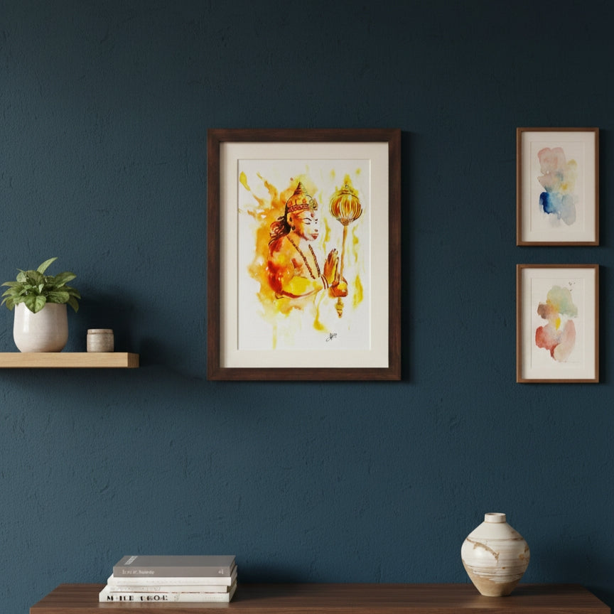 Handmade Hanuman Watercolor Painting – Framed Artwork