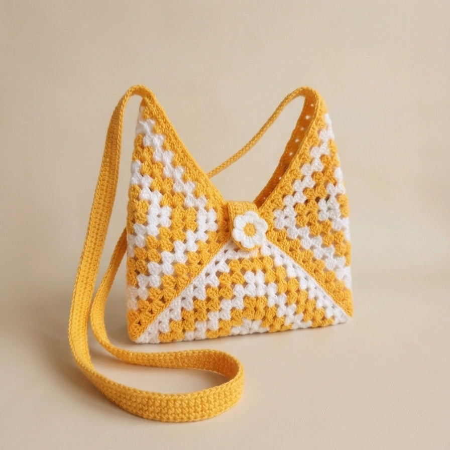 Crochet Sunshine Bag – Handmade Yellow & White Granny Square Shoulder Bag | Stylish Boho Crochet Purse