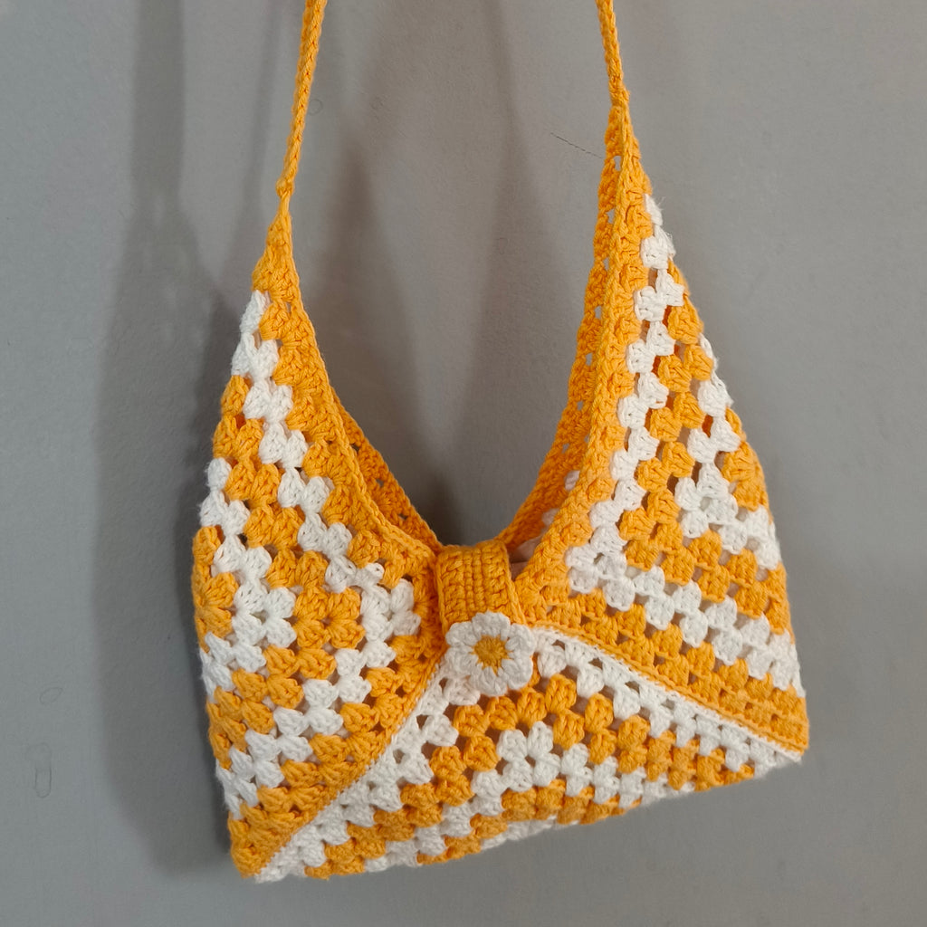 Crochet Sunshine Bag – Handmade Yellow & White Granny Square Shoulder Bag | Stylish Boho Crochet Purse