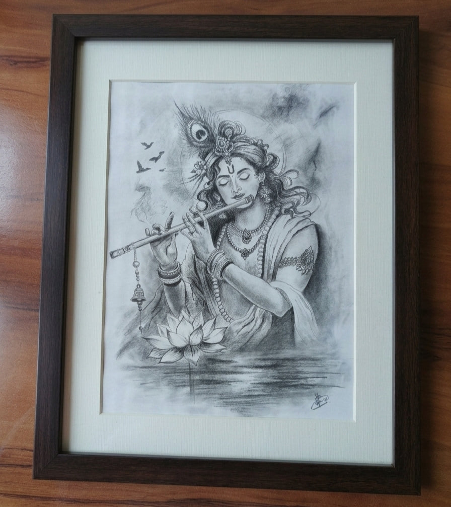 Handmade Lord Krishna Pencil Sketch (A4 Size) by Artist Subhabrata Manna