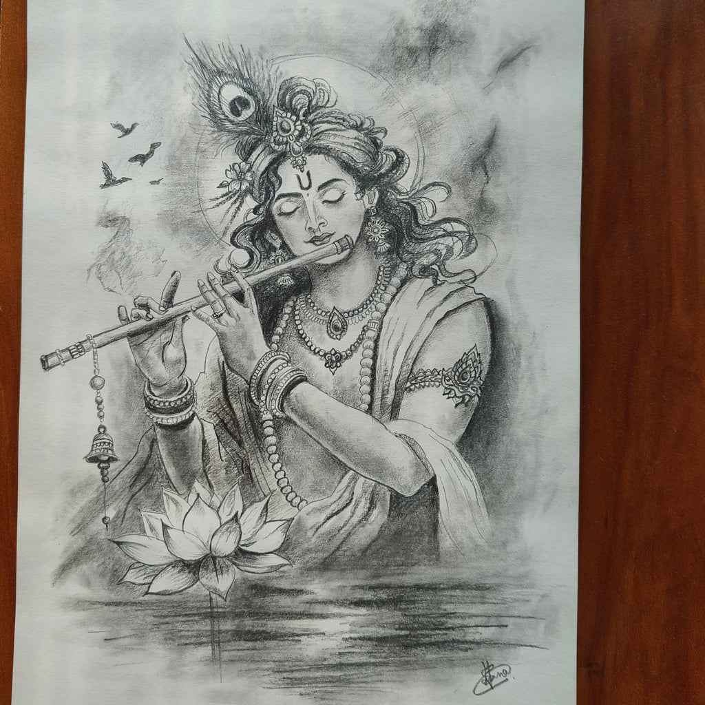Handmade Lord Krishna Pencil Sketch (A4 Size) by Artist Subhabrata Manna