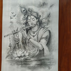 Handmade Lord Krishna Pencil Sketch (A4 Size) by Artist Subhabrata Manna