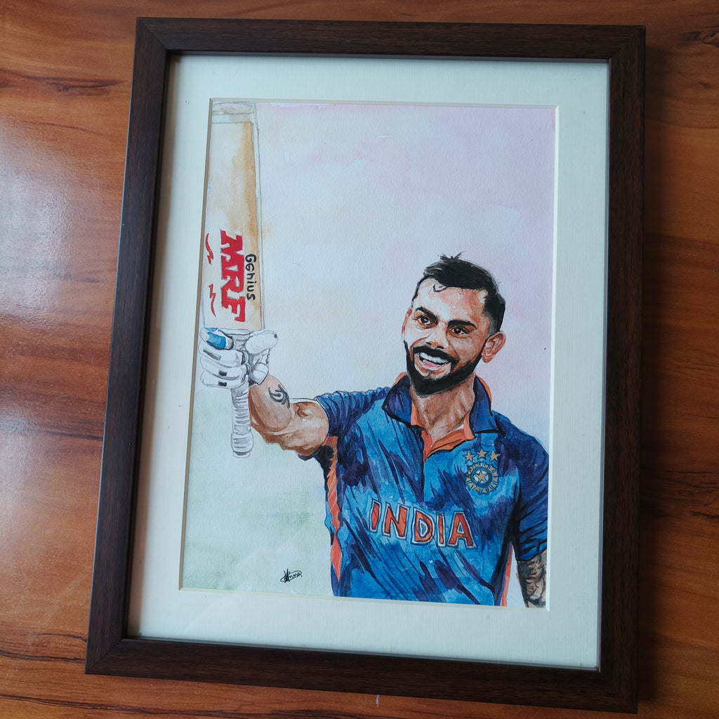 Virat Kohli - Handmade Watercolor Painting (A4 Size) with Frame (By Subhabrata Manna)