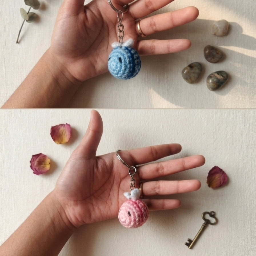 Cute handmade crochet bee keychain set in pink and blue with hidden magnets