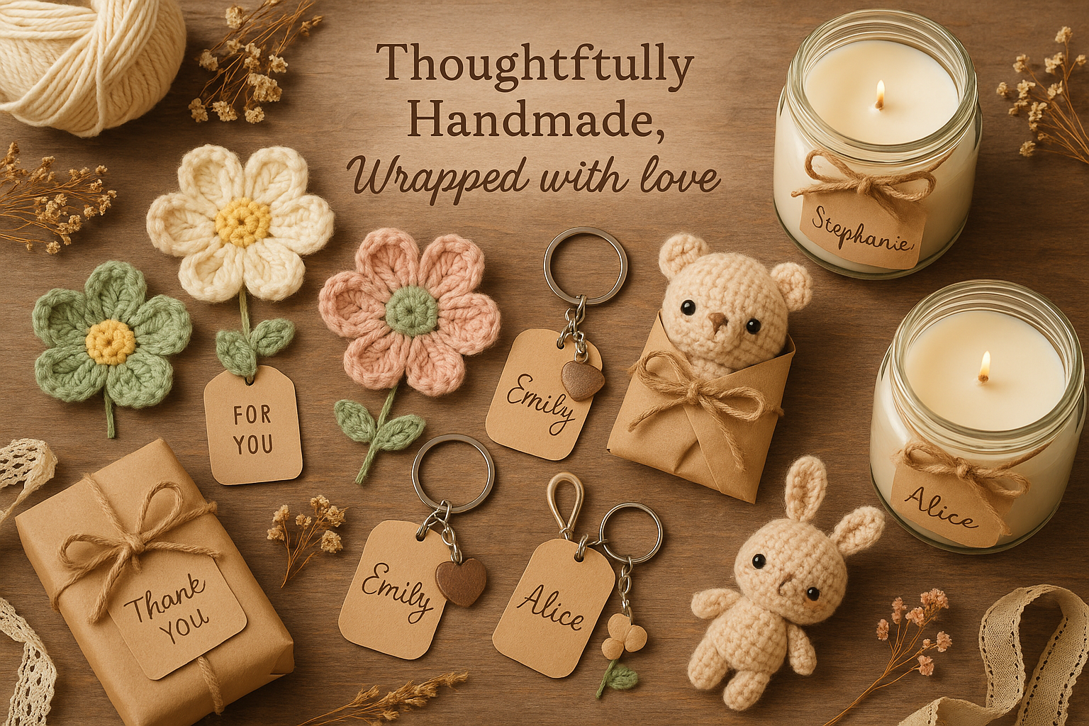 personalized gifting items-candles, crochet flowers, keychains, plushies.  Thoughtfully handmade, wrapped with love. Thoughtfully handmade, wrapped with love.Your Story, Our Craft.